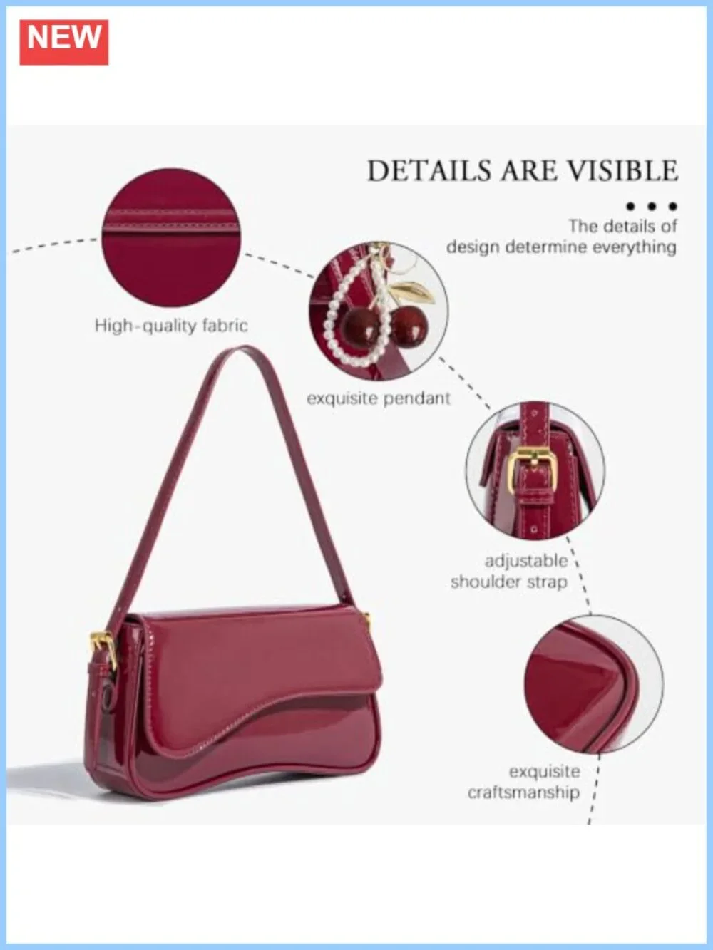 Hobo Shoulder Bag with Cherry Pendant PU Leather 3-Way Crossbody Purse
